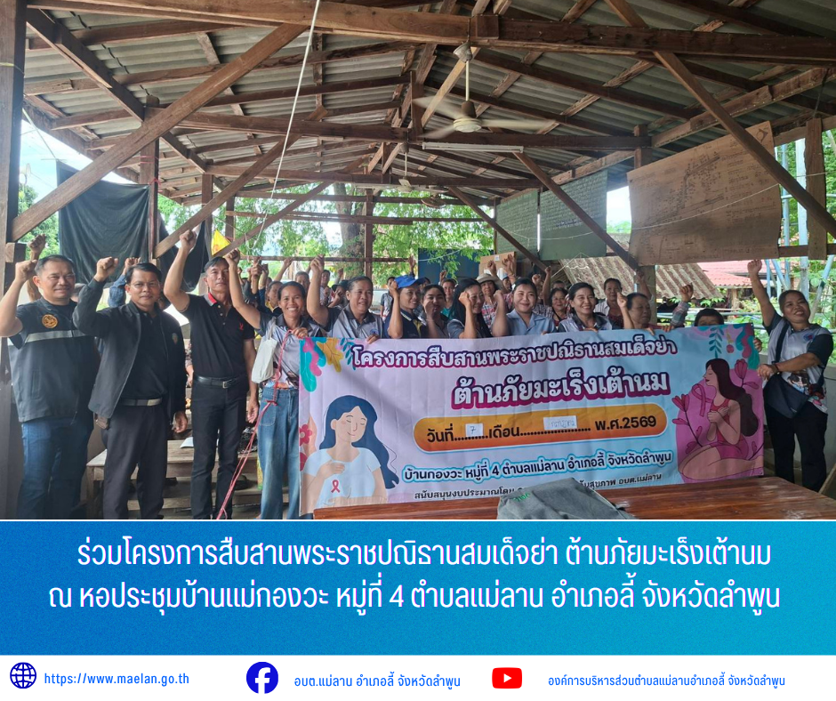 วันอังคารที่ 7 กรกฎาคม 2569 เวล 09.00 น. องค์การบริหารส่วนคำบลแม่ลาน โดย นายโสภณ มีมัง นายกองค์การบริหารส่วนตำบลแม่ลาน มอบหมายให้ นายเสาร์คำ  แก้วปลูก รองนายกองค์การบริหารส่วนตำบลแม่ลาน               เข้าร่วมโครงการสืบสานพระราชปณิธานสมเด็จย่า ต้านภัยมะเร็งเต้านม ณ หอประชุมบ้านแม่กองวะ หมู่ที่ 4 ตำบลแม่ลาน อำเภอลี้ จังหวัดลำพูน  _____________________________ -ขอขอบคุณภาพข่าวจาก : รองนายกองค์การบริหารส่วนตำบลแม่ลาน -เเหล่งข่าว : องค์การบริหารส่วนตำบลแม่ลาน -ประชาสัมพันธ์ข่าว  : งานประชาสัมพันธ์ สำนักปลัดองค์การบริหารส่วนตำบลแม่ลาน -เว็บไซต์ : https://www.maelan.go.th -Facebook : https://www.facebook.com/saomaelan.maelan.7?mibextid=ZbWKwL -Youtube : https://youtube.com/@user-eq2cc4bc2f?si=EvKRe7B5IyUmlv8Z #องค์การบริหารส่วนตำบลแม่ลาน ???? 12/1 หมู่ 7 ตำบลแม่ลาน อำเภอลี้ จังหวัดลำพูน ????โทรศัพท์ สำนักงาน : 096 685 8480 ,0 5309 6174 ต่อ 10 - 16 ????อุบัติเหตุ โทร 1669  ฟรี /สายตรงรถฉุกเฉินองค์การบริหารส่วนตำบลแม่ลาน :081 473 6884 