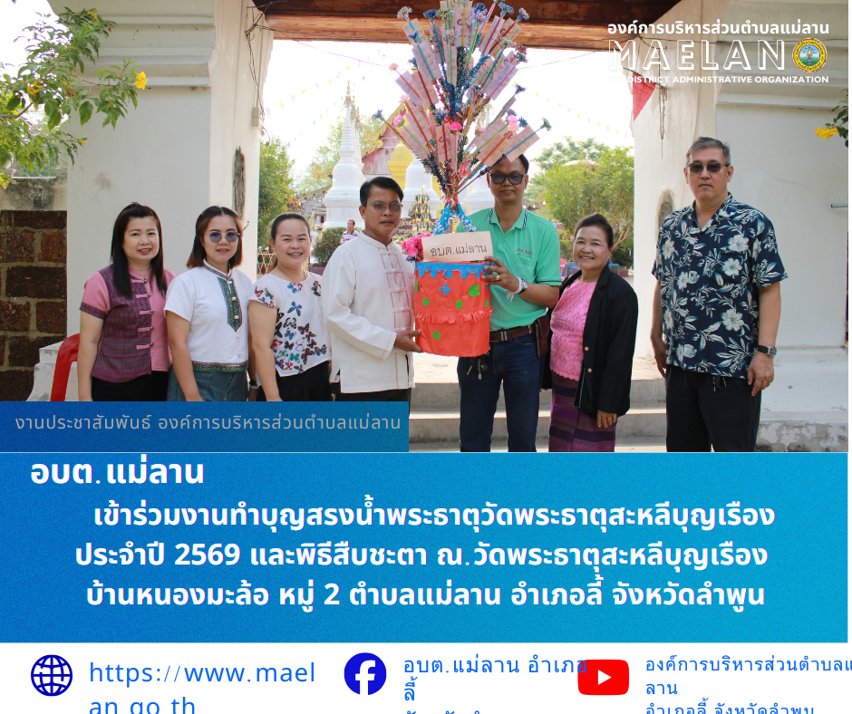 วันศุกร์ที่ 24 เมษายน 2569 เวลา 09.00 น. องค์การบริหารส่วนคำบลแม่ลาน โดย นายโสภณ มีมัง นายกองค์การบริหารส่วนตำบลแม่ลาน มอบหมายให้ นายเสาร์คำ แก้วปลูก รองนายกองค์การบริหารส่วนตำบลแม่ลาน พร้อมด้วย  ปลัดองค์การบริหารส่วนตำบลแม่ลาน ผู้อำนวยการกองการศึกษา สมาชิกสภา หมู่ที่ 2 และเจ้าหน้าที่องค์การบริหารส่วนตำบลแม่ลาน      เข้าร่วมงานทำบุญสรงน้ำพระธาตุวัดพระธาตุสะหลีบุญเรือง ประจำปี 2569 และพิธีสืบชะตา      ณ.วัดพระธาตุสะหลีบุญเรือง บ้านหนองมะล้อ หมู่ 2 ตำบลแม่ลาน อำเภอลี้  จังหวัดลำพูน _____________________________ -ขอขอบคุณภาพข่าวจาก : เจ้าหน้าที่กองการศึกษาองค์การบริหารส่วนตำบลแม่ลาน -เเหล่งข่าว : องค์การบริหารส่วนตำบลแม่ลาน -ประชาสัมพันธ์ข่าว  : งานประชาสัมพันธ์ สำนักปลัดองค์การบริหารส่วนตำบลแม่ลาน -เว็บไซต์ : https://www.maelan.go.th -Facebook : https://www.facebook.com/saomaelan.maelan.7?mibextid=ZbWKwL -Youtube : https://youtube.com/@user-eq2cc4bc2f?si=EvKRe7B5IyUmlv8Z #องค์การบริหารส่วนตำบลแม่ลาน ???? 12/1 หมู่ 7 ตำบลแม่ลาน อำเภอลี้ จังหวัดลำพูน ????โทรศัพท์ สำนักงาน : 096 685 8480 ,0