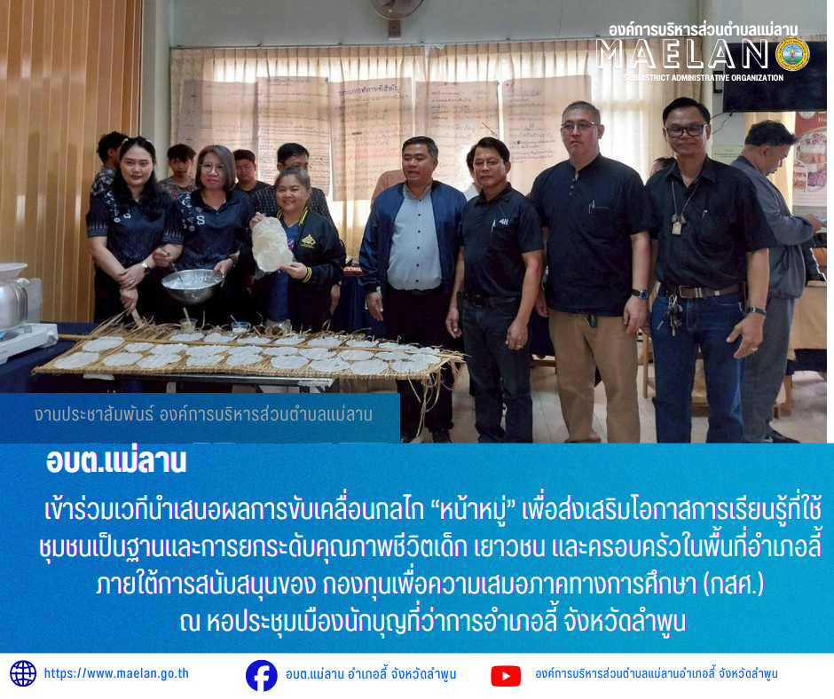 วันที่ 12 พฤษภาคม 2569 เวลา 09.00 น. องค์การบริหารส่วนตำบลแม่ลาน โดย นายโสภณ มีมัง นายกองค์การบริหารส่วนตำบลแม่ลาน มอบหมายให้ นายเสาร์คำ แก้วปลูก รองนายกองค์การบริหารส่วนตำบลแม่ลาน พร้อมด้วยนายสมพงษ์ ด้วงประสิทธิ์ ปลัดองค์การบริหารส่วนตำบลแม่ลาน และนายประวิทย์ ล่าเพ็ง ผู้อำนวยการกองการศึกษา และสมาชิสภาองค์การบริหารส่วนตำบลแม่ลาน               เข้าร่วมเวทีนำเสนอผลการขับเคลื่อนกลไก “หน้าหมู่” เพื่อส่งเสริมโอกาสการเรียนรู้ที่ใช้ชุมชนเป็นฐานและการยกระดับคุณภาพชีวิตเด็ก เยาวชน และครอบครัวในพื้นที่อำเภอลี้  ภายใต้การสนับสนุนของ กองทุนเพื่อความเสมอภาคทางการศึกษา (กสศ.) ณ หอประชุมเมืองนักบุญที่ว่าการอำเภอลี้ จังหวัดลำพูน              โดยมี นายประเชิญ  สมองดี  นายอำเภอลี้  เป็นประธานเปิดดังกล่าว _____________________________ -ขอขอบคุณภาพข่าวจาก : ผู้อำนวยการกองการศึกษาองค์การบริหารส่วนตำบลแม่ลาน -เเหล่งข่าว : องค์การบริหารส่วนตำบลแม่ลาน -ประชาสัมพันธ์ข่าว  : งานประชาสัมพันธ์ สำนักปลัดองค์การบริหารส่วนตำบลแม่ลาน -เว็บไซต์ : https://www.maelan.go.th -Facebook : https://www.facebook.com/saomaelan.