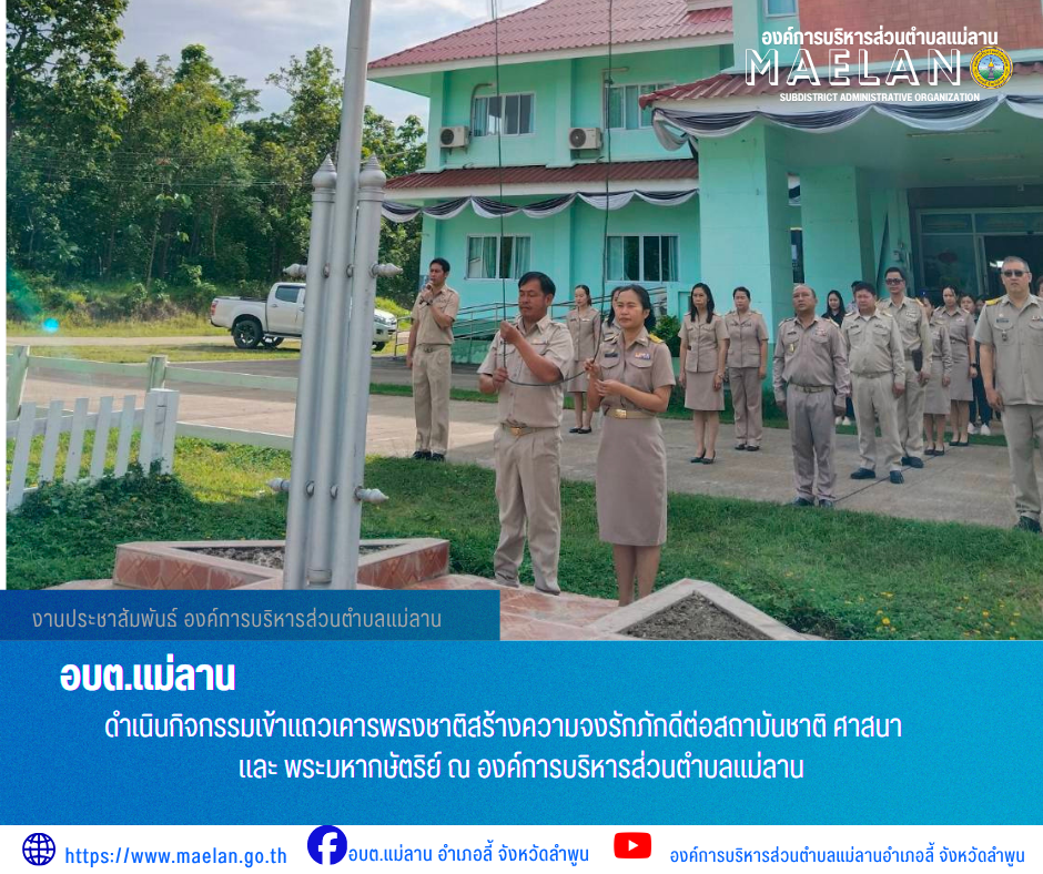 วันจันทร์ที่ 13 กรกฎาคม 2569 เวลา 08.30 น. นายโสภณ  มีมัง นายกองค์การบริหารส่วนตำบลแม่ลาน พร้อมด้วย คณะผู้บริหาร หัวหน้าส่วนราชการ ข้าราชการ พนักงาน และเจ้าหน้าที่องค์การบริหารส่วนตำบลแม่ลาน                 ดำเนินกิจกรรมเข้าแถวเคารพธงชาติสร้างความจงรักภักดีต่อสถาบันชาติ ศาสนา และพระมหากษัตริย์  และแจ้งข้อมูลข่าวสารงานต่างๆ แก่พนักงาน เพื่อเป็นการพัฒนาองค์กรนำมาประยุกต์ใช้ในการปฏิบัติงานได้อย่างถูกต้อง รวดเร็ว และเหมาะสมกับสถานการณ์ ณ องค์การบริหารส่วนตำบลแม่ลาน อำเภอลี้ จังหวัดลำพูน ________________________________________ -ขอขอบคุณภาพข่าวจาก : งานประชาสัมพันธ์ องค์การบริหารส่วนตำบลแม่ลาน -เเหล่งข่าว : องค์การบริหารส่วนตำบลแม่ลาน -ประชาสัมพันธ์ข่าว  : งานประชาสัมพันธ์ สำนักปลัดองค์การบริหารส่วนตำบลแม่ลาน -เว็บไซต์ : https://www.maelan.go.th -Facebook : https://www.facebook.com/saomaelan.maelan.7?mibextid=ZbWKwL -Youtube : https://youtube.com/@user-eq2cc4bc2f?si=EvKRe7B5IyUmlv8Z #องค์การบริหารส่วนตำบลแม่ลาน ???? 12/1 หมู่ 7 ตำบลแม่ลาน อำเภอลี้ จังหวัดลำพูน ????โทรศัพท์ สำนักงาน : 096-68