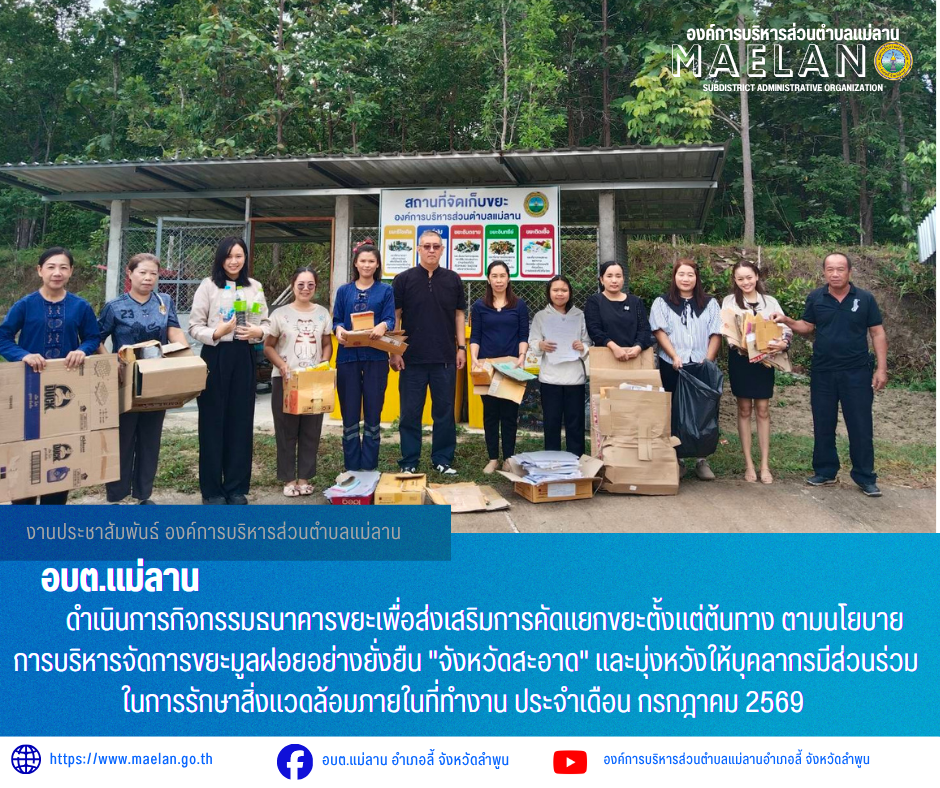 วันศุกร์ที่ 3 กรกฎาคม 2569 เวล 09.30 น. องค์การบริหารส่วนคำบลแม่ลาน โดย นายโสภณ มีมัง นายกองค์การบริหารส่วนตำบลแม่ลาน มอบหมายให้ นายสมพงษ์ ด้วงประสิทธิ์ ปลัดองค์การบริหารส่วนตำบลแม่ลาน พร้อมด้วยหัวหน้าส่วนราชการ ข้าราชการ และเจ้าหน้าที่องค์การบริหารส่วนตำบลแม่ลาน               ดำเนินการกิจกรรมธนาคารขยะเพื่อส่งเสริมการคัดแยกขยะตั้งแต่ต้นทาง ตามนโยบายการบริหารจัดการขยะมูลฝอยอย่างยั่งยืน "จังหวัดสะอาด" และมุ่งหวังให้บุคลากรมีส่วนร่วมในการรักษาสิ่งแวดล้อมภายในที่ทำงาน ประจำเดือน กรกฎาคม 2569 ณ สำนักงานองค์การบริหารส่วนตำบลแม่ลาน อำเภอลี้ จังหวัดลำพูน _____________________________ -ขอขอบคุณภาพข่าวจาก : งานประชาสัมพันธ์องค์การบริหารส่วนตำบลแม่ลาน -เเหล่งข่าว : องค์การบริหารส่วนตำบลแม่ลาน -ประชาสัมพันธ์ข่าว  : งานประชาสัมพันธ์ สำนักปลัดองค์การบริหารส่วนตำบลแม่ลาน -เว็บไซต์ : https://www.maelan.go.th -Facebook : https://www.facebook.com/saomaelan.maelan.7?mibextid=ZbWKwL -Youtube : https://youtube.com/@user-eq2cc4bc2f?si=EvKRe7B5IyUmlv8Z #องค์การบริหารส่วนตำบลแม่ลาน ???? 12/1 หมู่ 7 ตำบลแม่ลาน
